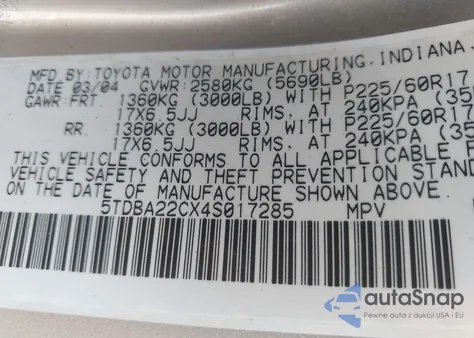 2004 Toyota Sienna Xle Limited z USA, uszkodzony, nr VIN 5TDBA22CX4S017285